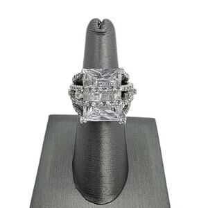 Vintage Large CZ With Crossover Accent Rows Sterling Silver Cocktail Ring  SZ 6